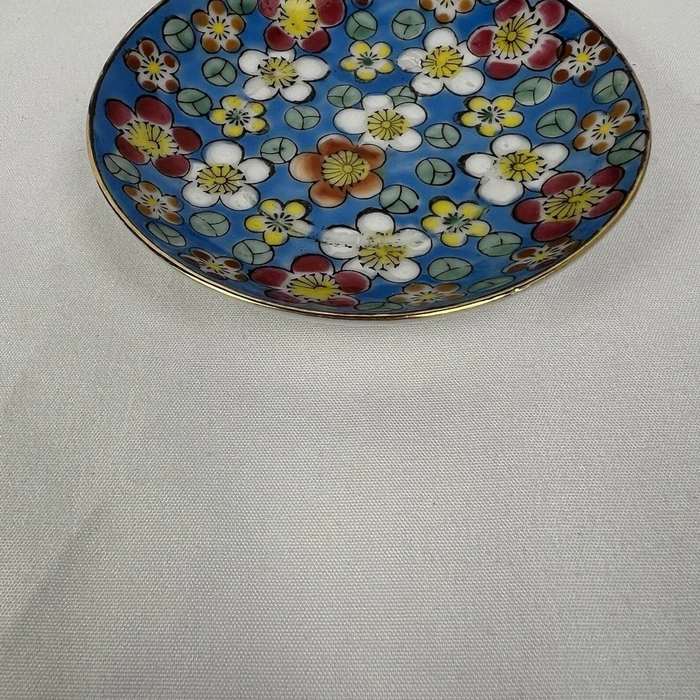 Vintage Viking Import Japan Floral Trinket Dish Blue Enamel Gold Rim Flowers 60s